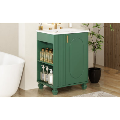 Meuble-lavabo 24 po avec lavabo en céramique, cadre solide, compartiments latéraux, porte, poignées en métal, finition peinte, couleur rétro classique, espace sous l'évier, assemblage facile