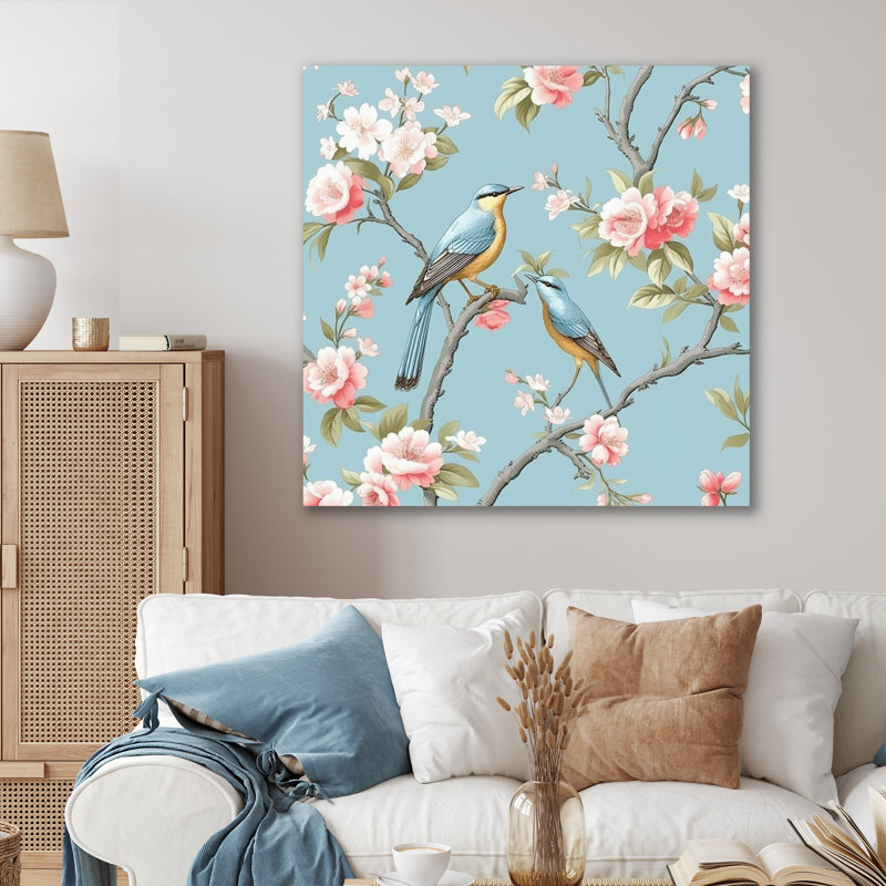 Chinoiserie avec oiseaux et pivoines - impression, H 36 po x l 36 po x P 1,5 po, Toile tendue