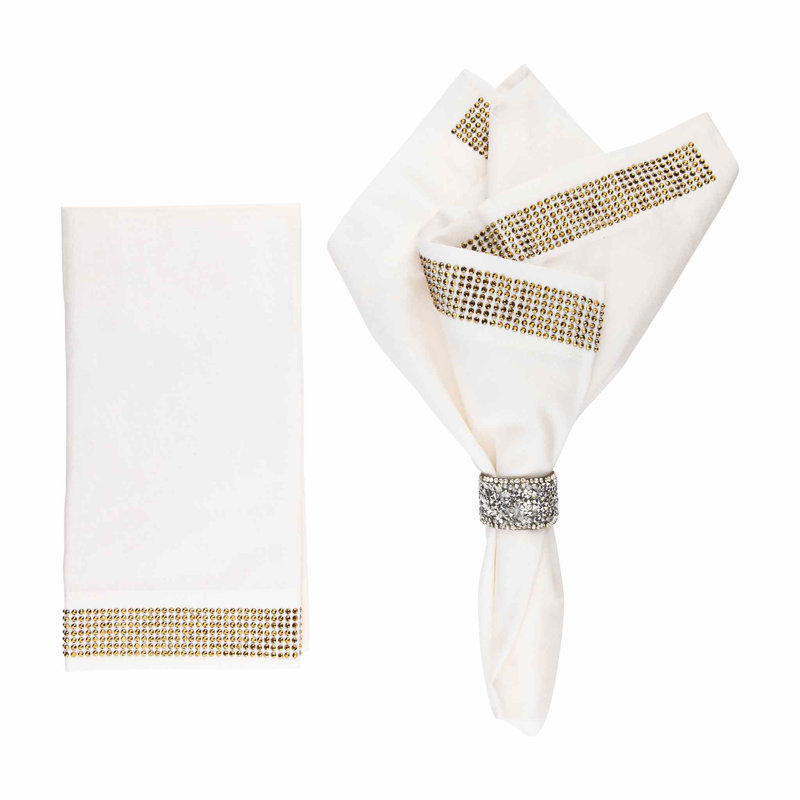 Sparkles Home | Rhinestone Stripe Napkin Set | 20" Square | Linen Cotton Blend | Set of 2, White/Gold