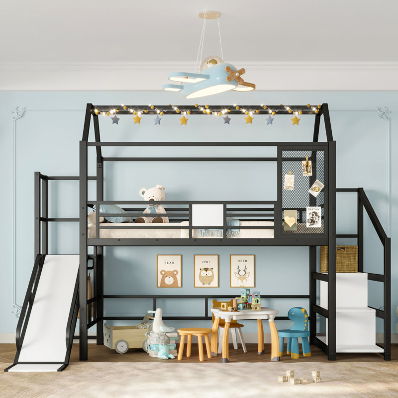 Lit mezzanine simple avec glissade et escalier, lit de jeu en métal avec tablettes de rangement, toit en forme de maison et conception silencieuse, noir