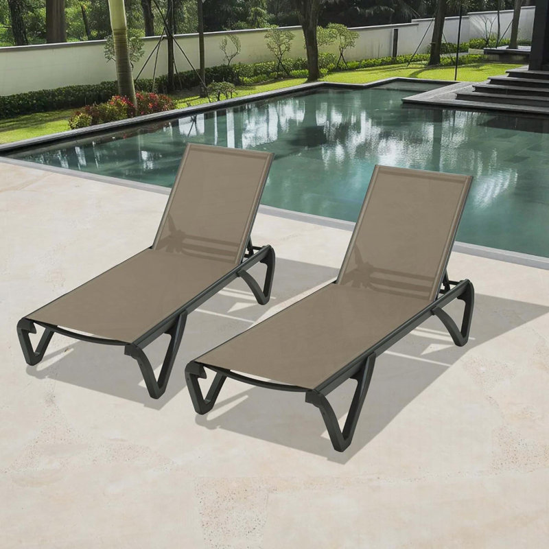 Ensemble de 2 chaises longues de patio en aluminium avec roues et dossier réglable à 5 positions, Kaki