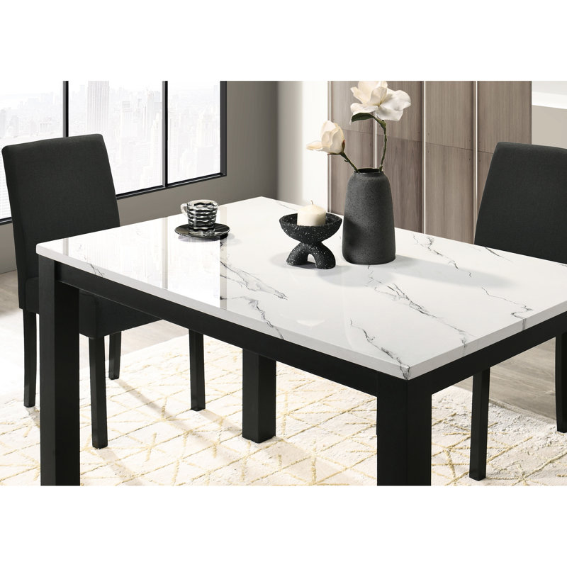 Table à manger moderne 5 pièces: table rectangulaire blanche à plateau en faux marbre et chaises rembourrées gris anthracite avec pieds droits, convient aux pièces riches en hauteur standard, fixe