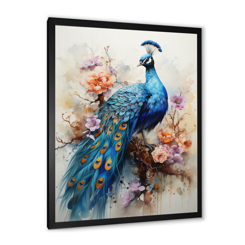 Arneisha, corail bleu, art indien dansant paon II - reproduction, H 20 po x l 12 po x P 1 po, Cadre simple noir
