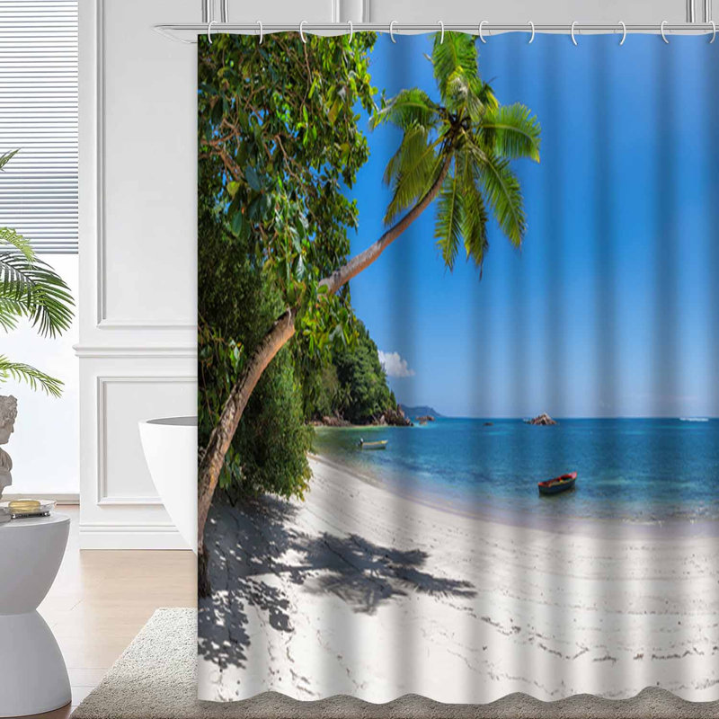 Rideau de douche Exotic Beach Palm White Sand Turquoise Sea, L 72 po x l 84 po