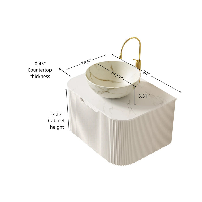 DINA 24" Bathroom Vanity&Sink, Floating Curved Edges Striped Storage Cabinet with Drawer, Matte Stone White Bowl Ceramic Basin&Carrara White Sintered Stone Top, Pre-assembled, White Color 