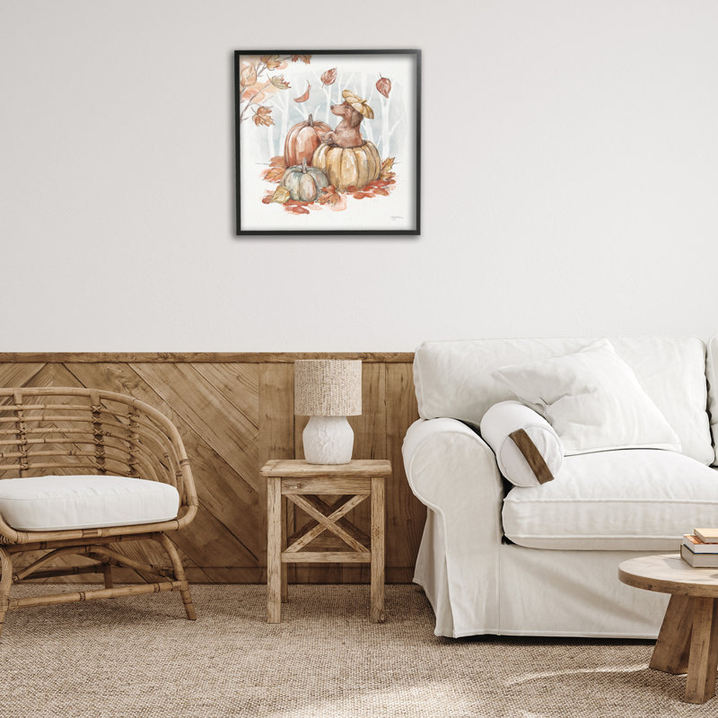 «Teckel amusant et citrouille» par Mary Urban, Giclée encadrée noir minuit, H 24 po x l 24 po