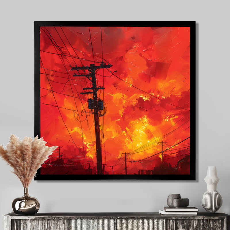 Red Yellow Voltage Vibes Power Lines II - Power Lines, impression d'art mural, Cadre simple noir, H 16 po x l 16 po