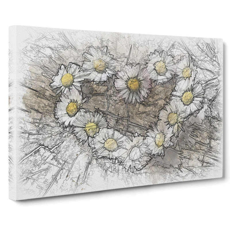 Daisy Heart Chain Sketch - Print, 50cm H x 76cm W x 3cm D, Wrapped Canvas