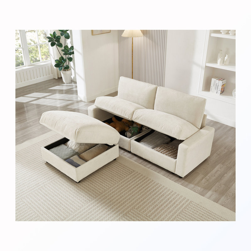 Canapé modulaire en L avec repose-pieds et 3 rangements, Polyester beige, H 30,31 po x l 72,05 po x P 61,42 po