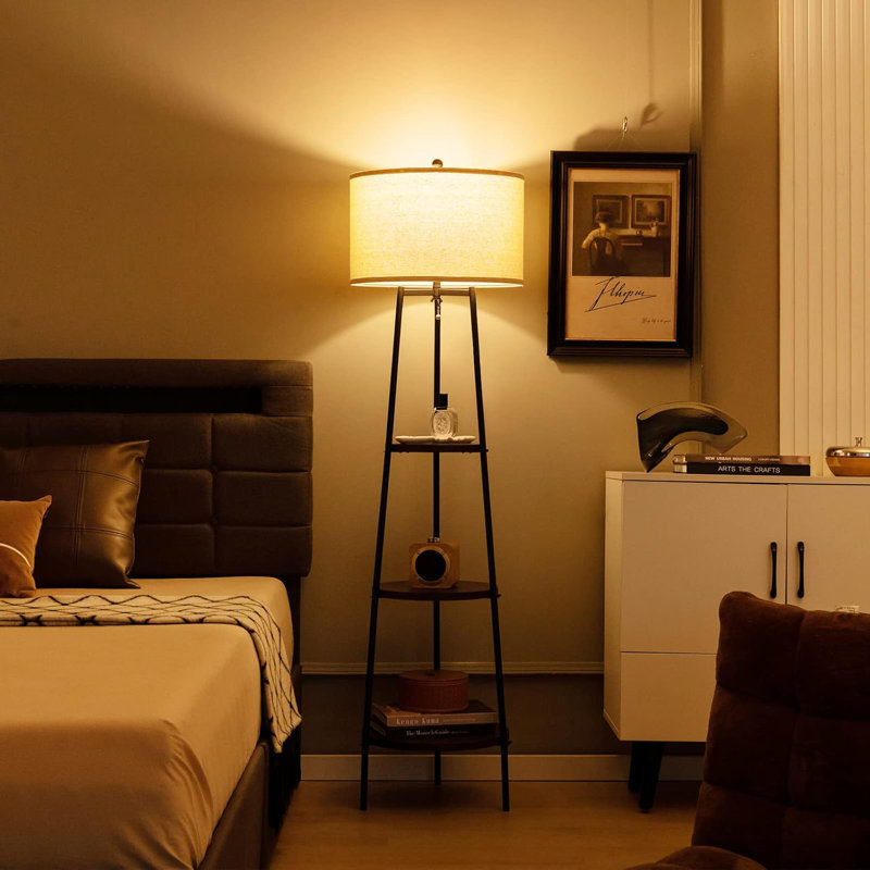 Lampe sur pied 60 po avec tablettes de rangement à 3 niveaux Tangkula, lampe sur pied moderne avec abat-jour en lin, douille E26 pour le salon, la chambre à coucher, la décoration de bureau, noir (cercle)