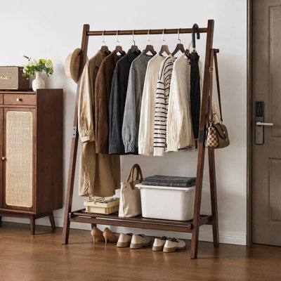 Heavy Duty Solid Wood A-Shaped Clothes Rack, Freestanding Garment Hanger Stand with Bottom Storage Shelf and Side Hooks, 39.37"×17.72"×62.4", Clothing Display Rack for Bedroom, Hallway