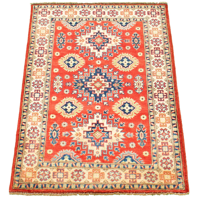 Tapis unique en laine noué à la main rouge Gazni des années 2010 de 3 pi 4 po x 5 pi 1 po Qaiden