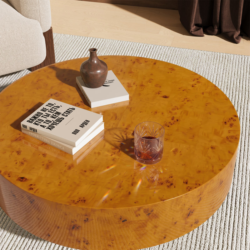 31.5" & 35" Round Solid Wood Burl Coffee Table – Unique Natural Swirl Patterns, Curved Elegant Design, Handcrafted Centerpiece