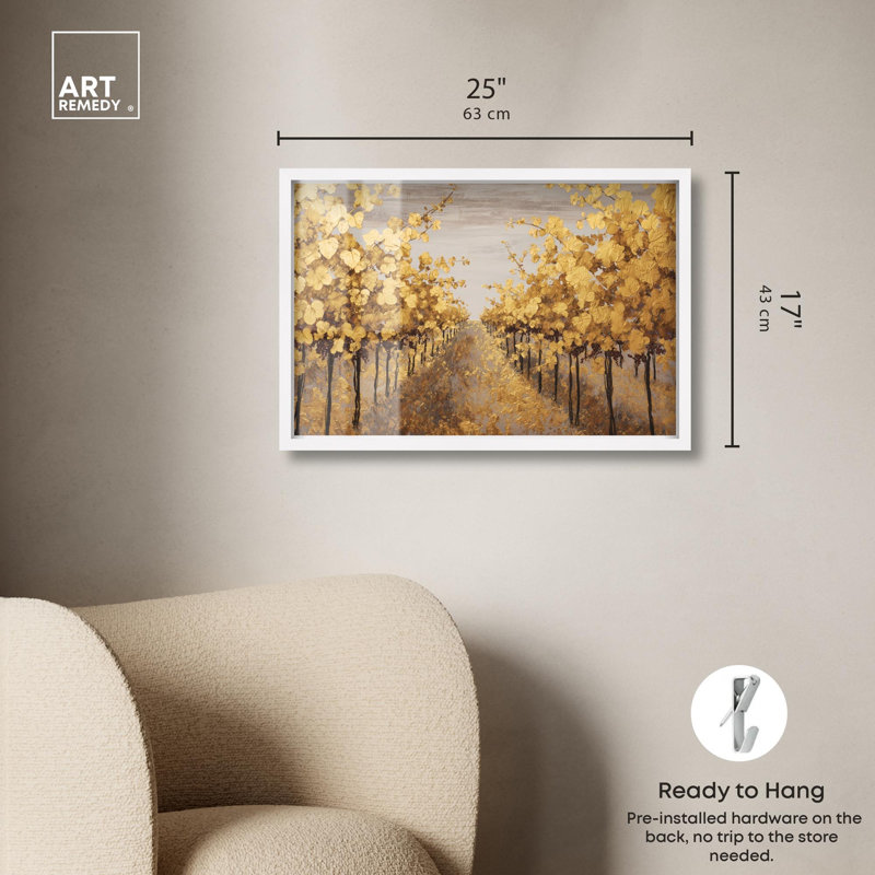Décoration murale dorée Golden Leaves IV par Art Remedy, cadre blanc, 24 x 16, H 17 po x l 25 po, Cadre blanc