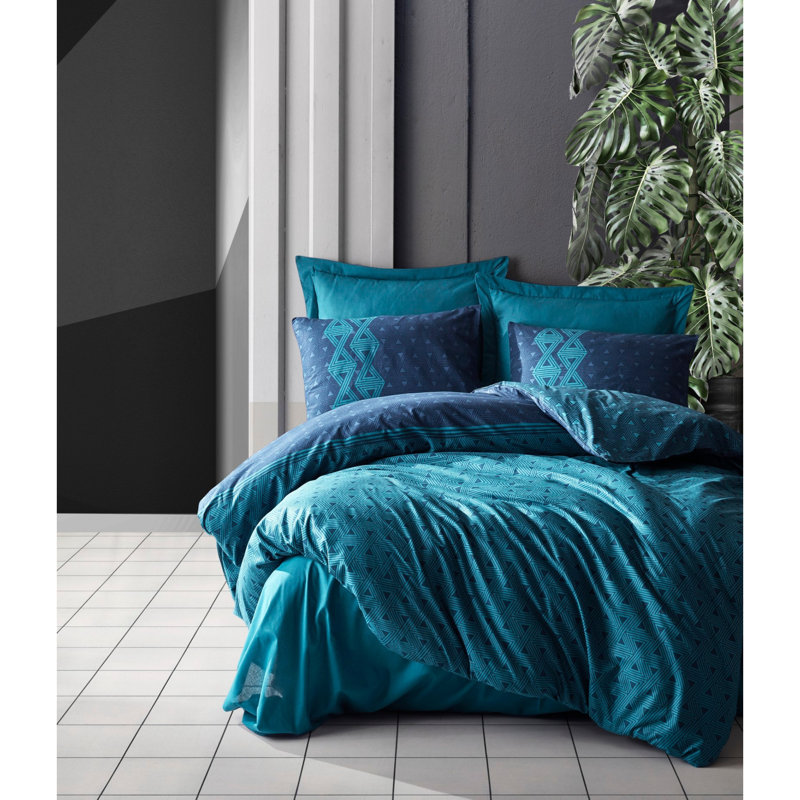 Ensemble de housse de couette 100% coton bleu / bleu marine Giana, Housse de couette très grand + 2 taies d'oreiller