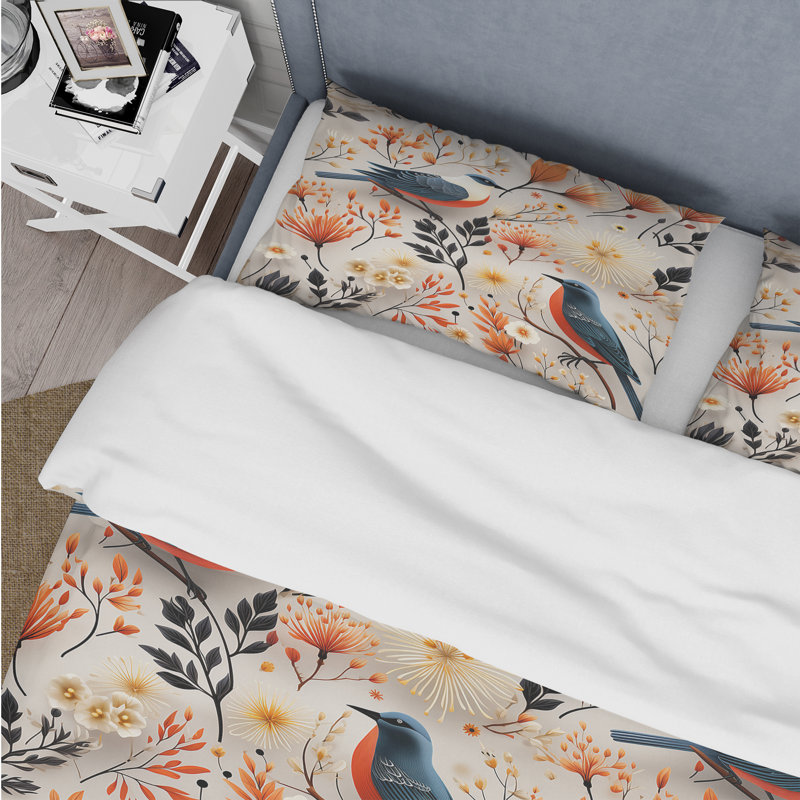 Literie Blooming Scandinavian Bird Elegance I, Housse de couette pour grand lit et 2 taies décor