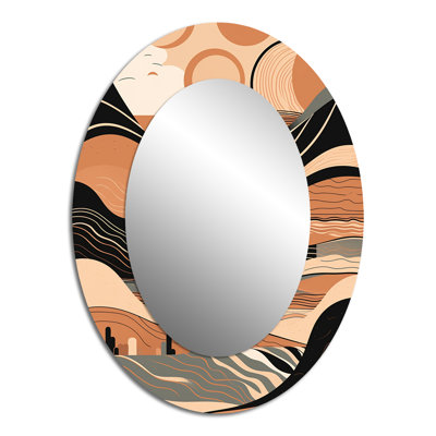Brown Black Line Art Elegance II - Large Oval Wall Mirror On Metal