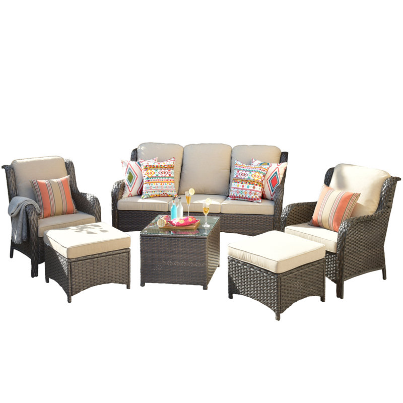 Gering Premium All-Weather Wicker 5 - Person Patio Conversation Set with Cushions, Beige