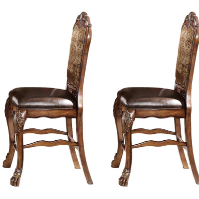 Chaises à hauteur de comptoir de 2 en chêne beige et cerisier - Élégantes sculptures de pieds avant, rembourrage en similicuir confortable, dossier en tissu floral pour un style repas avec des sièges rembourrés,