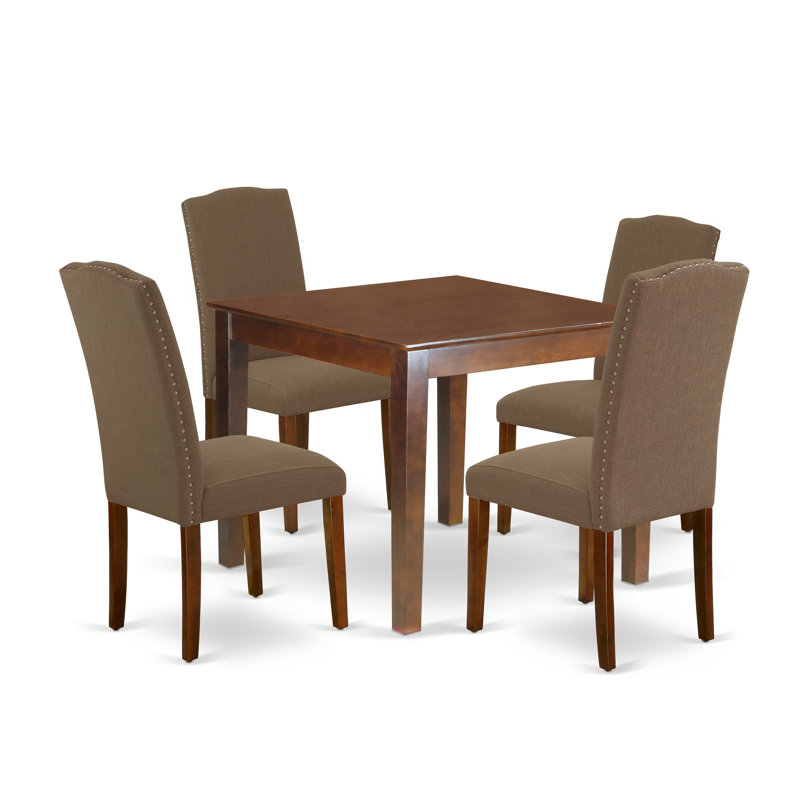 Ensemble de coin-repas 5 pièces pour 4 personnes comprenant une table de salle à manger carrée et 4 chaises de salle à manger Parson en lin café foncé, acajou