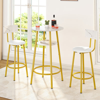 3-Piece Bar Table Set for 2, 2-Tier Round Bistro Dining Table & PU Stools, Counter Height Table