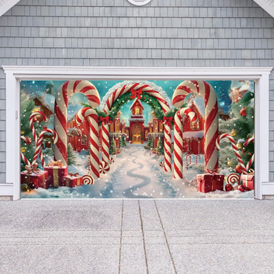 Garage Door Banner 6x13 Ft, Merry Christmas Candy Cane Snow Scene, Outdoor/indoor Holiday Party Decor
