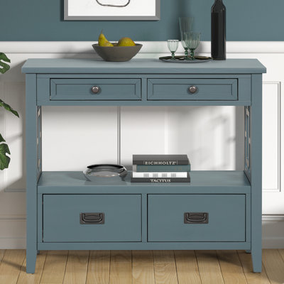 36'' Farmhouse Pine Wood Console Table With 4 Drawers And Storage Shelf For Entryway, Living Room, Bedroom, And Hallway (Blue) | Gift Idea