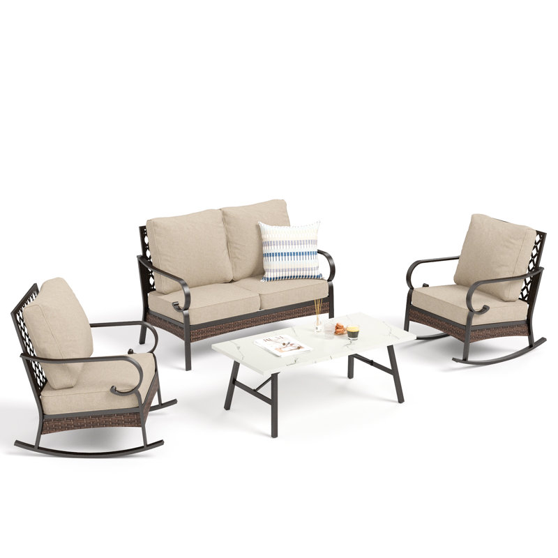 Ensemble de mobilier de patio pour 4 personnes avec chaises longues berçantes, Beige