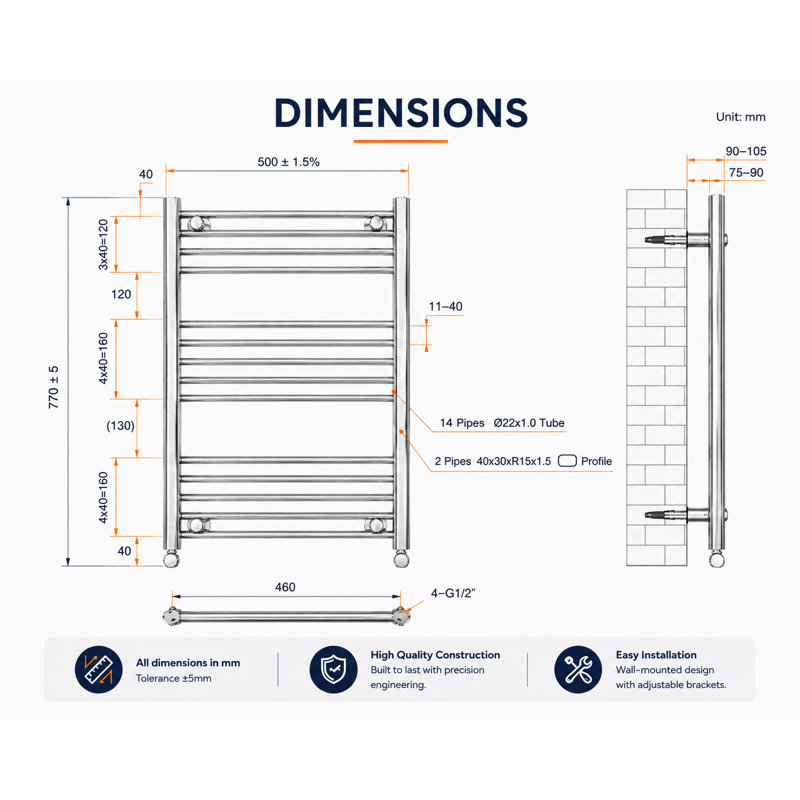 Heated Towel Rail 77cm x 50cm, Chrome
