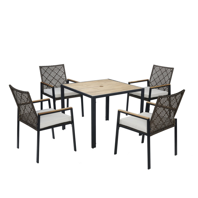 Ensemble de table de salle à manger toutes saisons 5 pièces, ensemble de conversation pour patio avec trou de parasol, rotin extérieur, couleur café