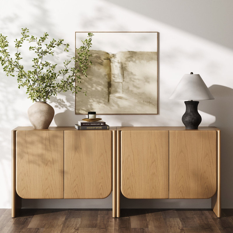 Armoire de rangement arquée pour hall d'entrée, Chêne brut, H 32 po x l 76 po x P 17 po, 2