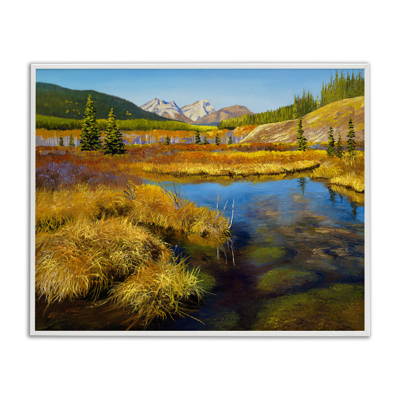 «Lush Pond Landscape», estampe numérique par Andrew Kiss, H 11 po x l 14 po, Estampe numérique encadrée blanc bord de mer