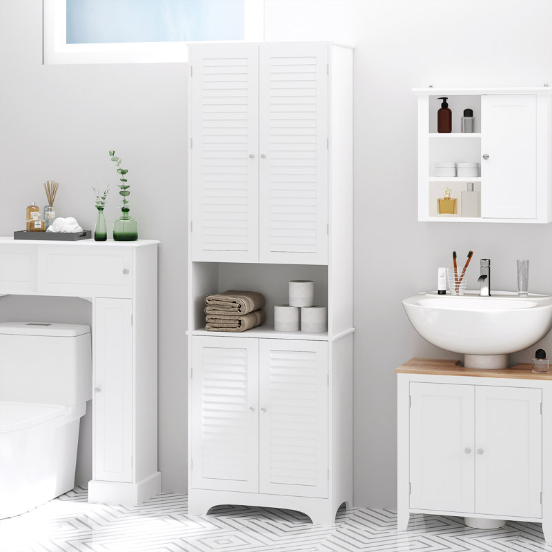 Tall Narrow Bathroom Storage Cabinet With Doors And Shelf Adjustability, Freestanding Linen Cabinet With 2 Cabinets And Countertop, White