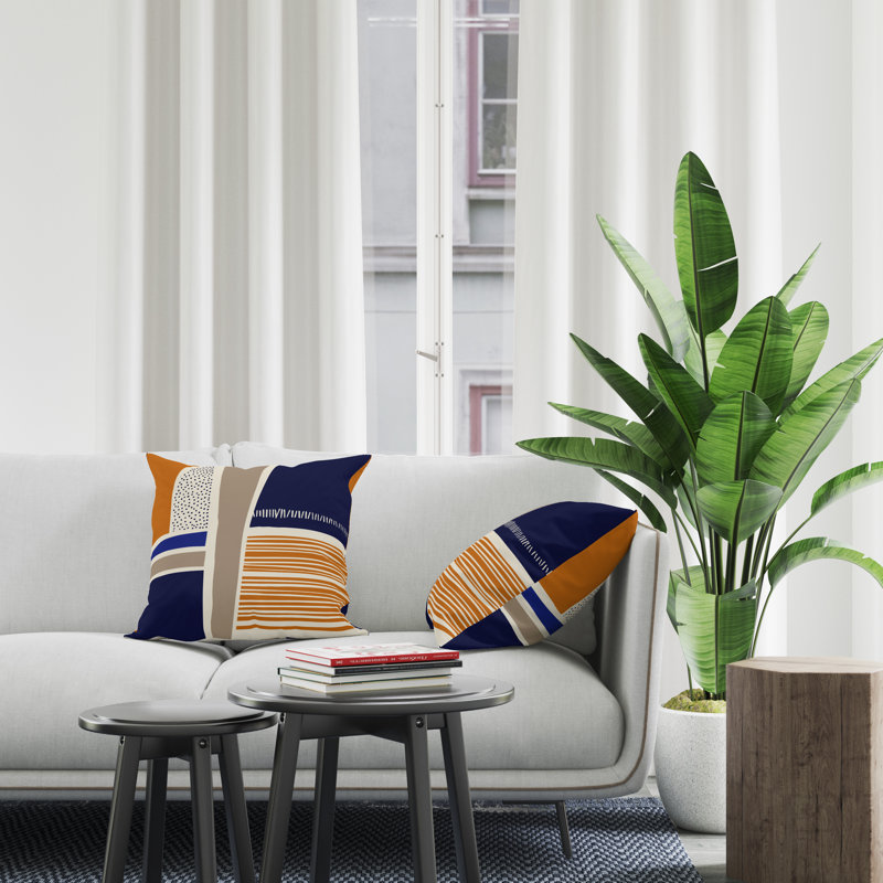 Jeté carré en polyester intérieur / extérieur, L 17 po x H 17 po, Orange / bleu marine