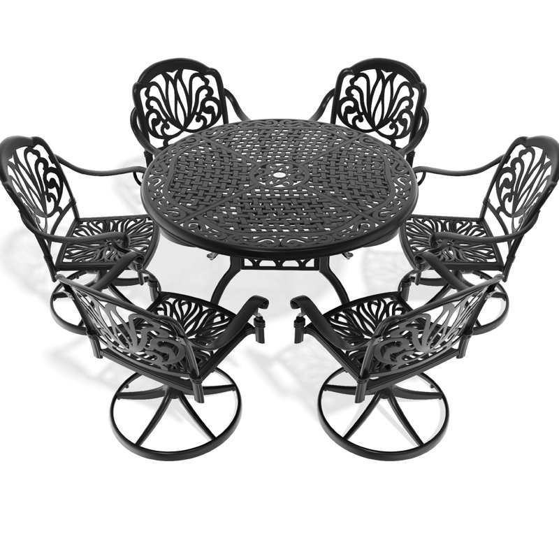 7 chaises de patio en fonte d'aluminium - 6 chaises pivotantes, table ronde de 48,03 po, sièges d'extérieur noirs polis, trempé