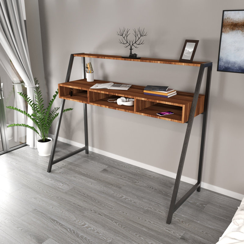 Aliona Metal Base Writing Desk, Brown/Walnut