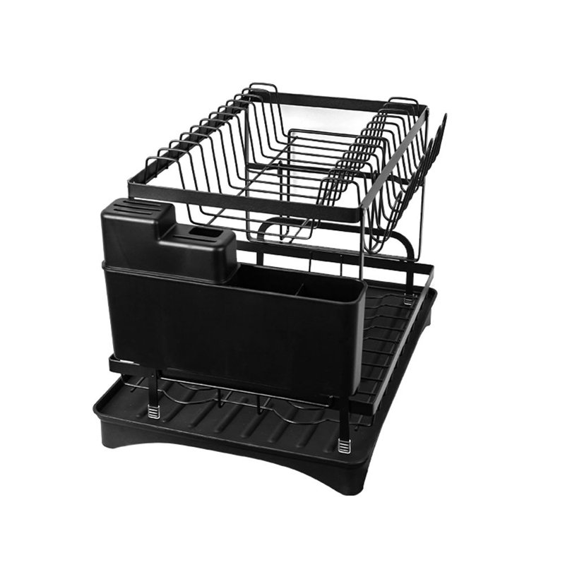 2-Tier Dish Drainer Sink Rack With Drip Tray Space-Saving Drying Plate Rack With Cutlery And Cup Holders For Kitchen , Black