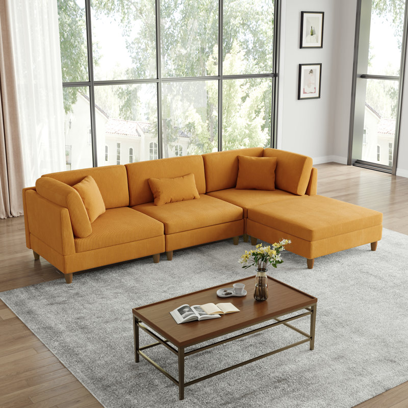 Seemab 4 - Piece Upholstered Orange Corduroy Modular Sectional with Pillow Back and Removable Ottoman, Orange Corduroy