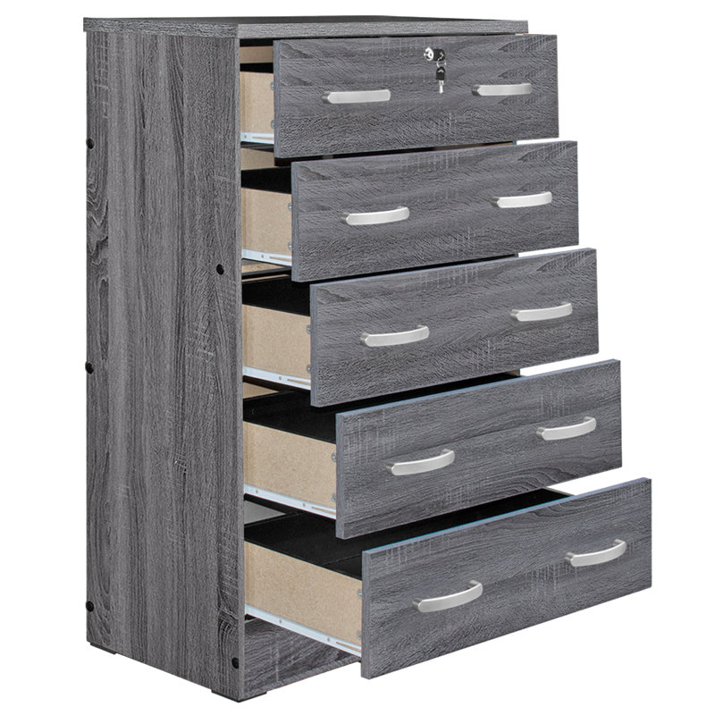 Commode 5 tiroirs Luker, Gris clair