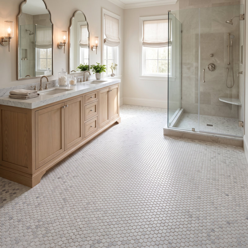 Marbre Alba 3 x 12 blanc, Pennyround Mosaic