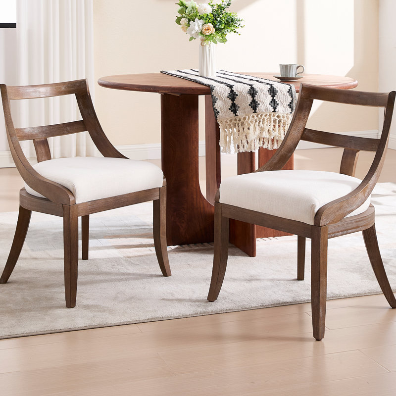 Solid Wood Upholstered Dining Chairs (Set of 2), Brown, Linen Beige