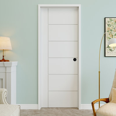 Porte intérieure pré-suspendue 30 po x 80 po à 6 panneaux moulés horizontaux avec bouton rond et charnières noires, dalle de porte unie, peignable et imperméable, combinaison pour la lessive, portes de placard, portes de chambre, main gauche