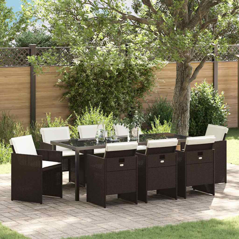 Elijio 8 - Person Patio Dining Set Rectangular Table, Beige Cushion/Brown Frame
