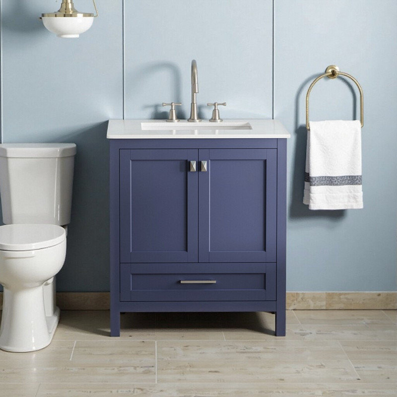 Meuble-lavabo 30 po en marbre de Carrare avec lavabo en céramique, Bleu