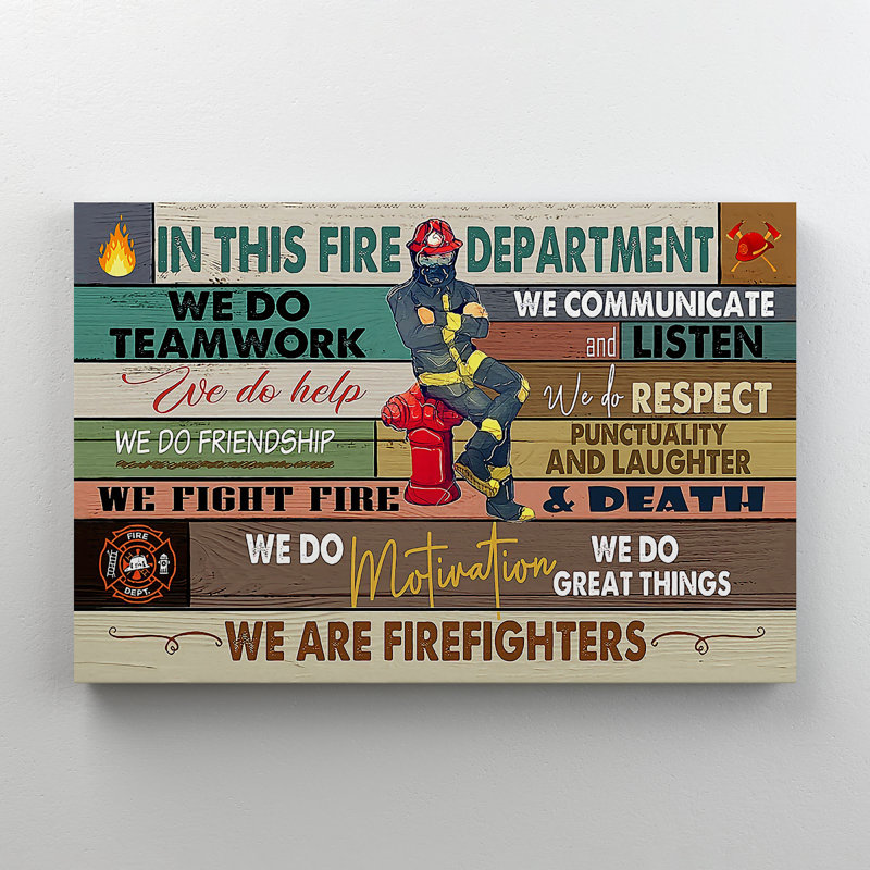 Un pompier assis sur un extincteur - Dans ce service d'incendie, nous sommes pompiers - 1 pièce, impression d'art graphique rectangulaire sur toile tendue