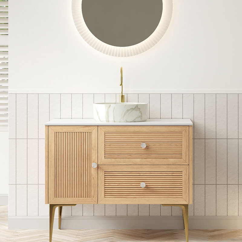 Meuble-lavabo de salle de bain 91 cm (36 po) avec une superbe finition chêne rayé, lavabo en céramique brillante de 36 cm (14 po) et comptoir à motif pierre, 2 tiroirs, 1 porte