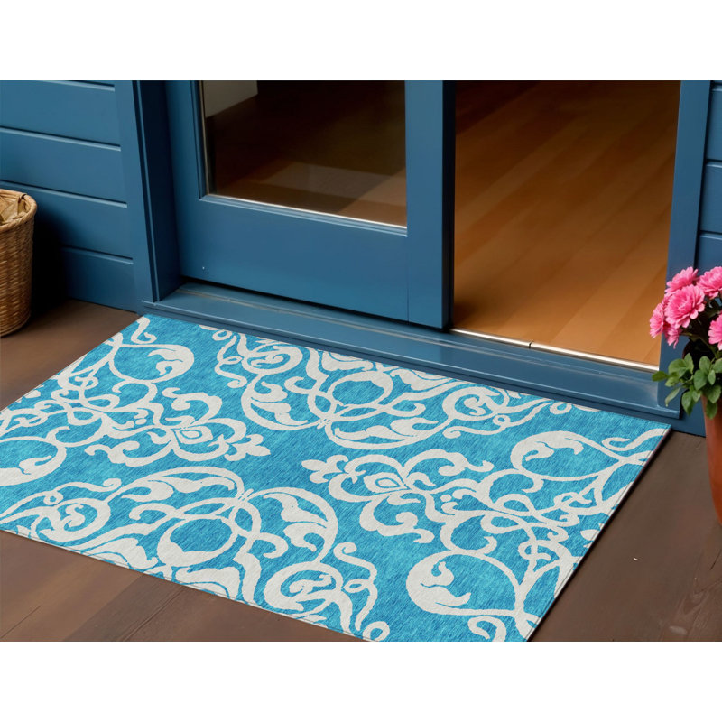 3' X 5' Turquoise And Ivory Damask Washable Indoor Outdoor Area Rug