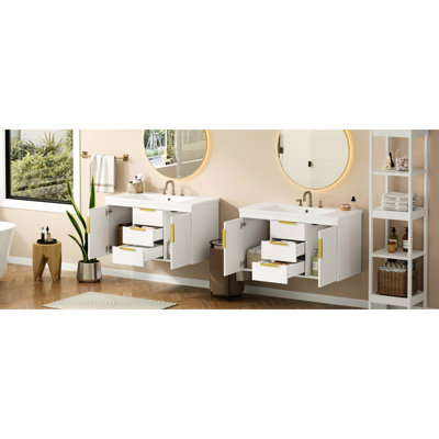 Meuble-lavabo mural 72 po, armoire flottante avec tiroirs, lavabo de 36 po, charnières, glissière lisse, rangement de construction de haute qualité 4, charnières