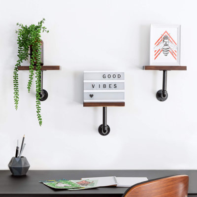 Ensemble de 3 tablettes en bois industriel avec supports à tuyaux - étagère murale en bois brun foncé 5,9 "x 7,9"