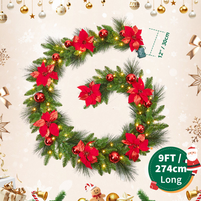 Christmas Wreath & Garland Set – Artificial Pine Needles, Red Flowers, Pinecones & Frosted Sections – Battery Operated – Holiday Decor for Front Door, Mantle – Indoor/Outdoor  9FT